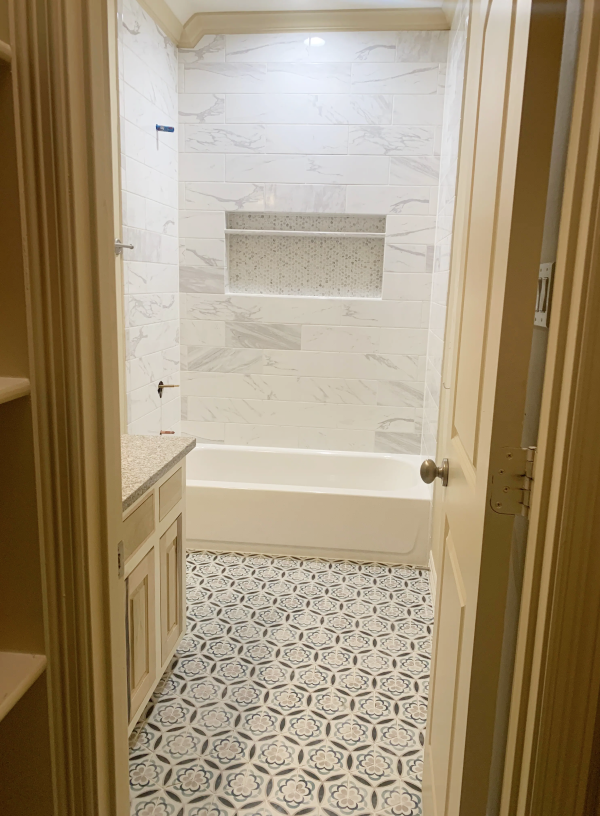 Bathroom Remodel Black and White Patterned Tile Floor